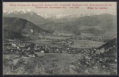 AK Göss bei Leoben, Gesamtansicht mit Bergkette aus der Vogelschau