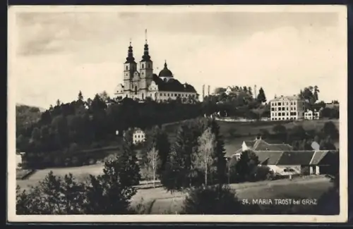 AK Mariatrost bei Graz, Ortspartie mit Blick zur Basilika