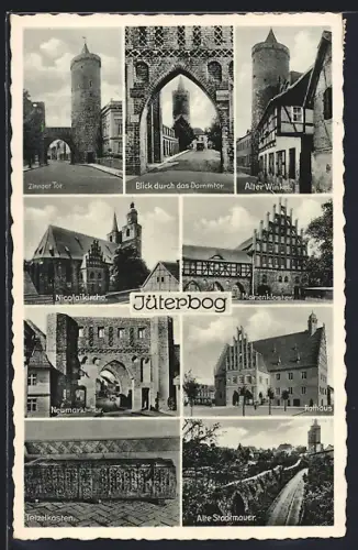 AK Jüterbog, Zinnaer Tor, Nicolaikirche, Rathaus, Alte Stadtmauer