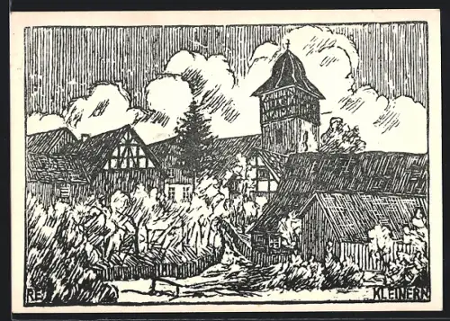 Künstler-AK Kleinern bei Bad Wildungen, Dorfansicht mit Kirche und Fachwerkhäusern