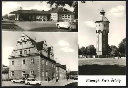 AK Niemegk /Belzig, Tankstelle, Rathaus, Wasserturm