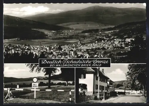 AK Waldmünchen /Bayer. Wald, Deutsch-tschechische Grenze, Grenzhaus, Grenzschild