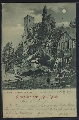 Mondschein-AK Weissenstein bei Regen, Burgruine Weissenstein, Bauernhof