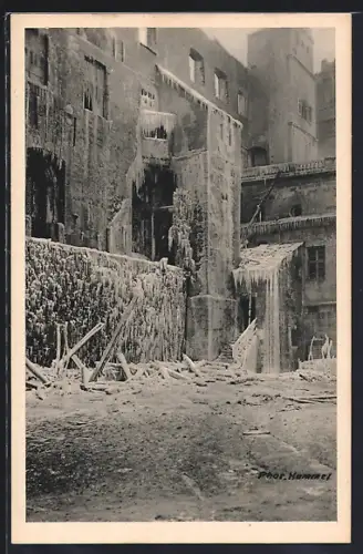 AK Stuttgart, Brand des Alten Schlosses, vereiste Ruinen