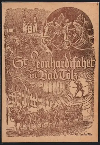 Künstler-AK Bad Tölz, St. Leonhardifahrt 1946, Pferdegespanne, Kirche