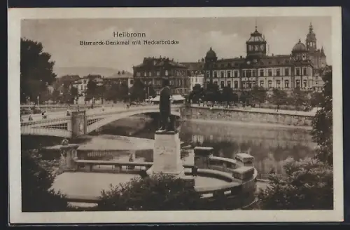 AK Heilbronn, Bismarck-Denkmal mit Neckarbrücke