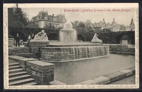AK Baden-Baden, Josefinen-Brunnen in den Gönner-Anlagen, Spaziergänger
