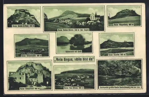 AK Engen / Hegau, Ruine Hohentwiel, Ruine Hohenkrähen, Aachquelle