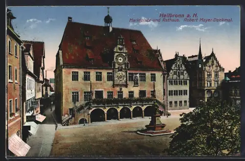 AK Heilbronn a. N., Marktplatz mit Rathaus, Robert Mayer-Denkmal