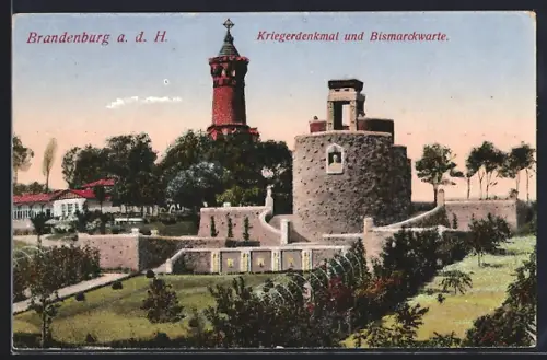 AK Brandenburg a. d. H., Kriegerdenkmal u. Bismarckwarte