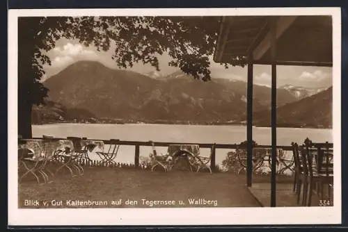 AK Gmund am Tegernsee, Gasthaus Gut Kaltenbrunn, Inh. H. Karle u. F. Schlach, Blick auf Tegernsee und Wallberg