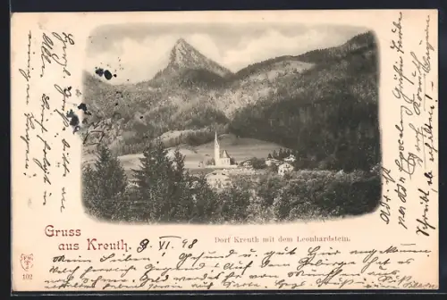 AK Kreuth, Ortsansicht mit dem Leonhardstein