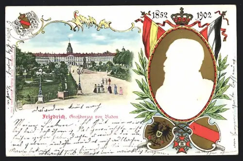 AK Karlsruhe, Grossherzog Friedrich von Baden, 1852-1902, Wappen und Flaggen, Residenzschloss