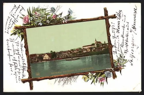 AK Diessen a. Ammersee, Ortsansicht im Blumen-Passepartout