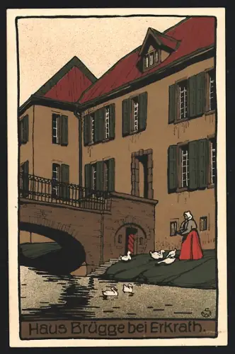 Steindruck-AK Erkrath, Haus Brügge mit Dame die Enten füttert