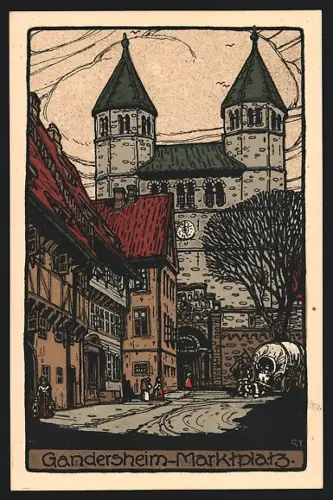 Steindruck-AK Gandersheim, Marktplatz mit Kirche