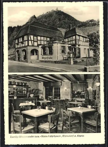 AK Rhöndorf a. Rhein, Gasthaus Kruths Winzerstube zum Alten Fährhaus, Gesamtansicht und Innenansicht Speisezimmer