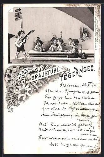 Lithographie Tegernsee, Engel mein Trinkgelage