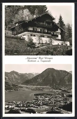 AK Bad Wiessee, Kurheim und Tagescafe Alpenrose, Gesamtansicht und Ortspanorama
