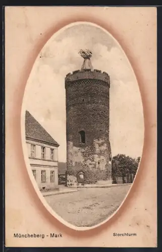 AK Müncheberg-Mark, Siorchturm mit nestenden Störchen