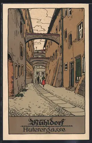 Steindruck-AK Mühldorf, Blick in die Huterergasse