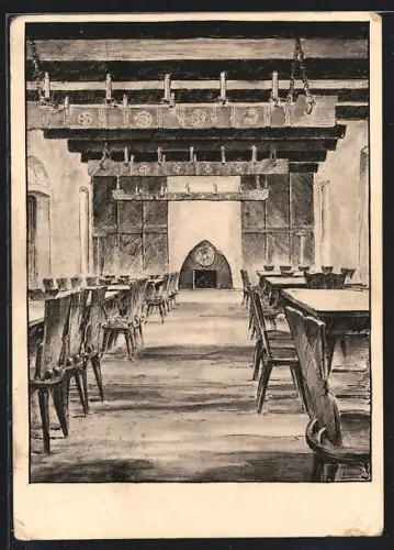 Künstler-AK Oberasbach, Gasthaus Jägerhaus auf dem Hainberg, Der Feldsaal