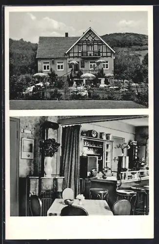 AK Lindlar, Gasthaus Försterhaus Bruch, Gesamtansicht und Innenansicht Speiseraum mit Theke