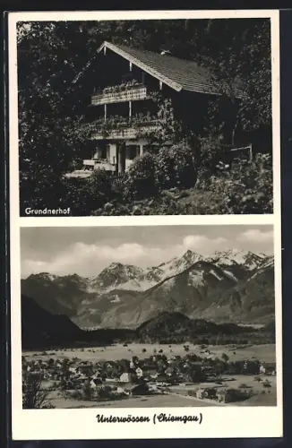 AK Unterwössen /Chiemgau, Gasthaus Grundnerhof und Ortsansicht mit Alpen