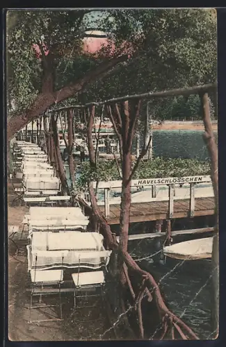 AK Kl. Glienicke, Gaststätte Havelschlösschen mit Terrasse am Wasser, Bes. Emil Müller