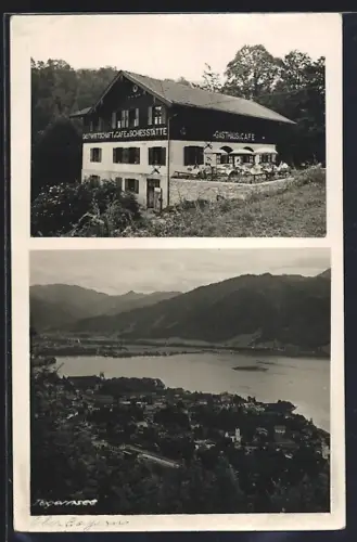 AK Tegernsee, Gasthaus z. Schiesstätte mit Aussenbereich, Gesamtansicht vom Tegernsee