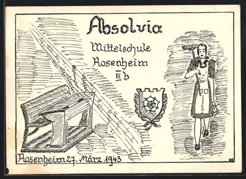 AK Rosenheim, Absolvia der Mittelschule Rosenheim III, Schulbank und Mädchen mit Hake