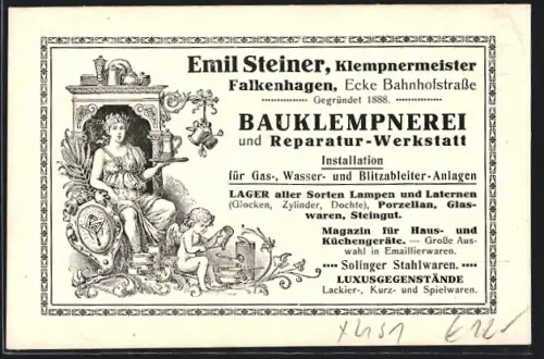 AK Falkenhagen / Oder, Reklame der Bauklempnerei von Emil Steiner, Ecke Bahnhofstrasse, Allegorie eines Klempners
