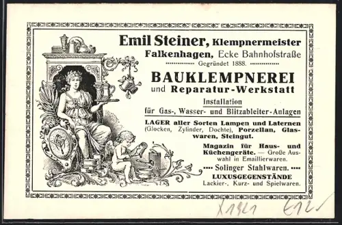 AK Falkenhagen / Oder, Reklame der Bauklempnerei von Emil Steiner, Ecke Bahnhofstrasse, Allegorie eines Klempners