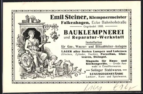 AK Falkenhagen / Oder, Reklame der Bauklempnerei von Emil Steiner, Ecke Bahnhofstrasse, Allegorie eines Klempners