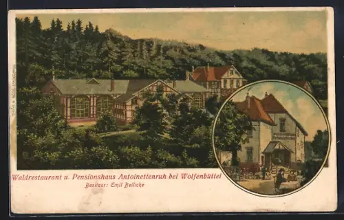 AK Wolfenbüttel, Restaurant und Pension Antoinettenruh in der Gesamtansich und Teilansicht des Aussenbereiches