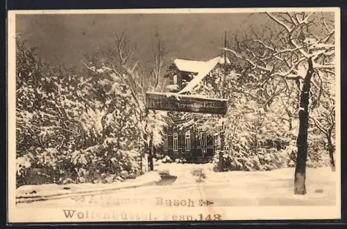 AK Wolfenbüttel, Gasthof zum Atzumer Busch in verschneiter Landschaft