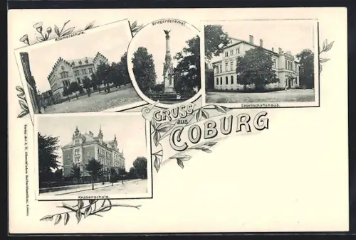AK Coburg, Gesellschaftshaus, Kriegerdenkmal, Knabenschule