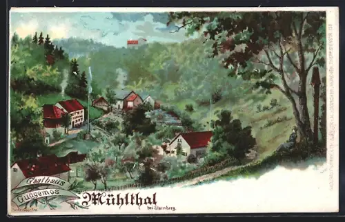 AK Mühlthal bei Starnberg, Gasthaus Guggemos mit Ortsansicht