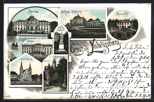 Lithographie Ludwigsburg / Württemberg, Stadtkirche, Monrepos, Schloss, Marienwahl, Schillerdenkmal