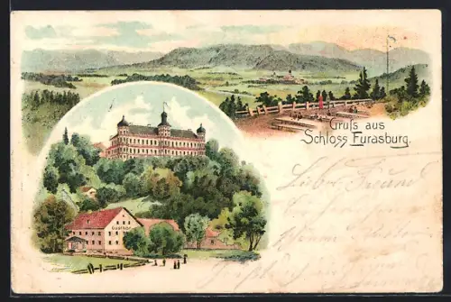 Lithographie Eurasburg / Isartal, Schloss mit Gasthof