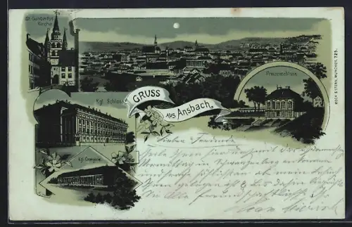 Mondschein-AK Ansbach, Ortsansicht, Partien am Kgl. Schloss, Prinzenschloss und Orangerie