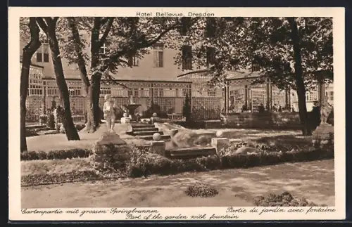 AK Dresden, Hotel Bellevue, Gartenpartie mit grossem Springbrunnen
