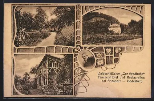 AK Friesdorf-Godesberg / Rhein, Hotel Zur Arndtruhe, Terrassenbereich, Gesamtansicht und Parkanlagen
