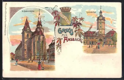 Lithographie Ansbach, St. Johanniskirche, Herriederthor