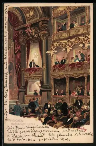 Künstler-Lithographie Paul Hey: München, Residenztheater, Innenansicht