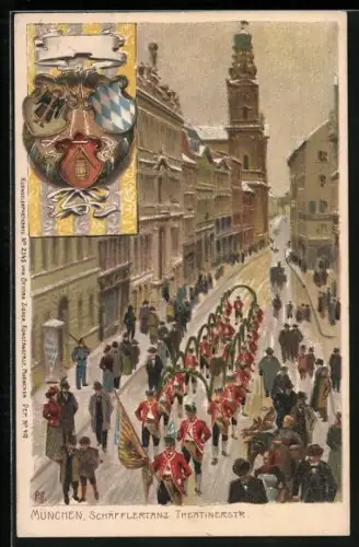 Künstler-Lithographie Paul Hey: München, Schäfflertanz in der Theatinerstrasse
