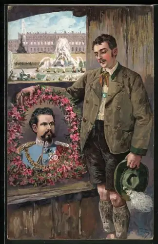 Künstler-AK Portrait von Ludwig II. in Uniform, Bayer in Tracht