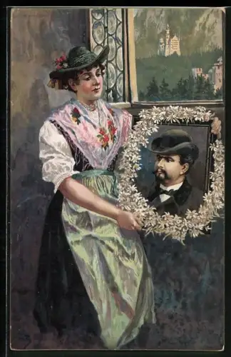 AK Frau in Tracht schaut auf ein Porträt Ludwig II.