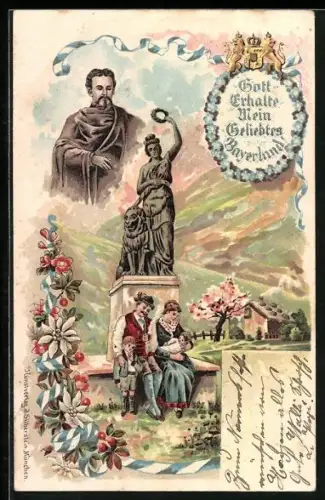 AK König Ludwig II. mit einer Bayerischen Familie unter einer Statue