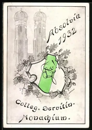 Künstler-AK München, Absolvia 1932, Colleg Servitin Monachium, Studentenwappen
